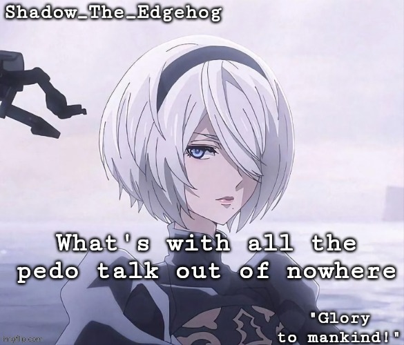 Shadow's 2B Template | What's with all the pedo talk out of nowhere | image tagged in shadow's 2b template | made w/ Imgflip meme maker