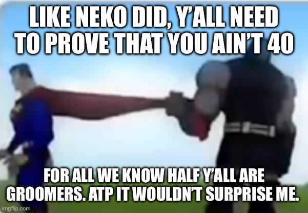 Excuse me | LIKE NEKO DID, Y’ALL NEED TO PROVE THAT YOU AIN’T 40; FOR ALL WE KNOW HALF Y’ALL ARE GROOMERS. ATP IT WOULDN’T SURPRISE ME. | image tagged in excuse me | made w/ Imgflip meme maker