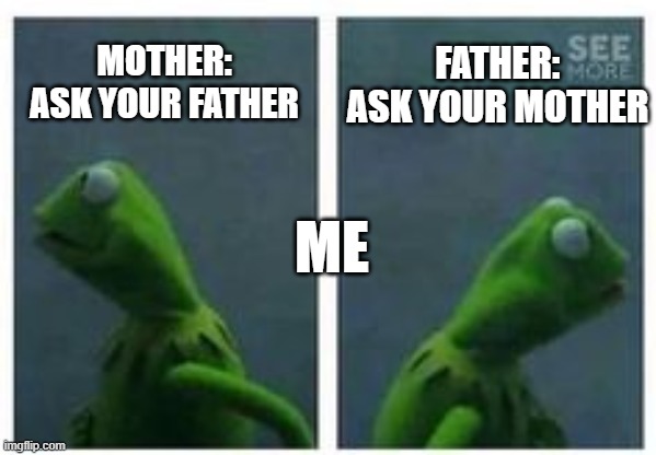 all i wanted was help from someone :( | FATHER: ASK YOUR MOTHER; MOTHER: ASK YOUR FATHER; ME | image tagged in kermit looking left and right | made w/ Imgflip meme maker