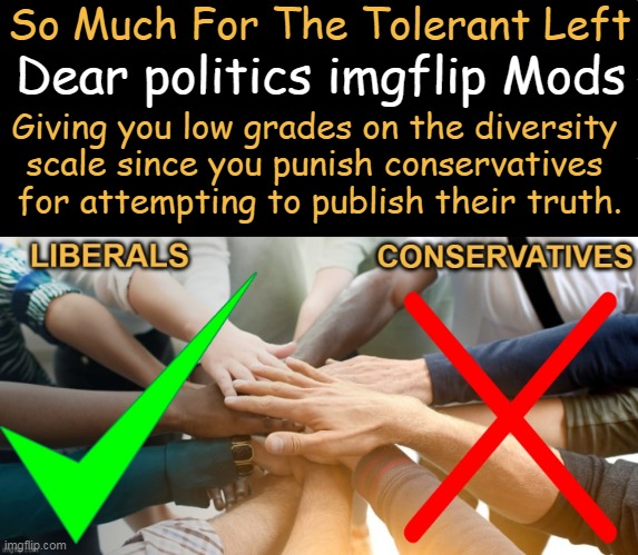 Censorship & Exclusion of Those Who Are Not Leftist Liberals | So Much For The Tolerant Left; Dear politics imgflip Mods; Giving you low grades on the diversity 
scale since you punish conservatives 
for attempting to publish their truth. | image tagged in politics,diversity,liberals vs conservatives,censorship,holding memes hours/days and often refusing to publish them,the truth | made w/ Imgflip meme maker