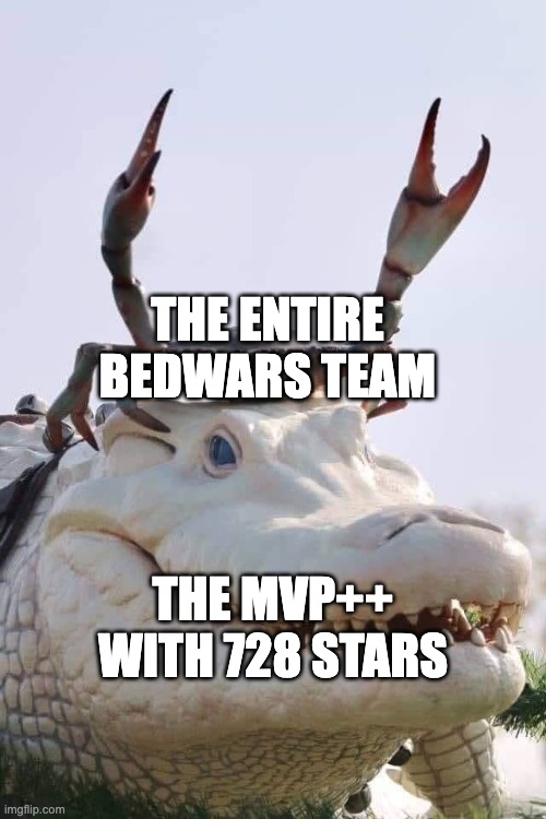 team effort guys... | THE ENTIRE BEDWARS TEAM; THE MVP++ WITH 728 STARS | image tagged in crab on crocodile,memes,gaming,minecraft,bedwars,carry | made w/ Imgflip meme maker