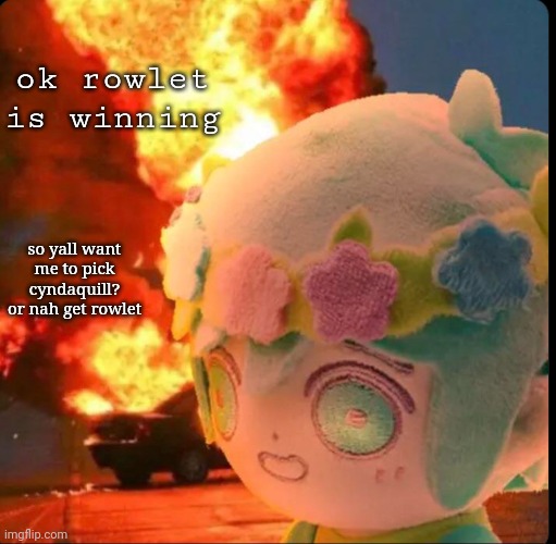 disaster basil | ok rowlet is winning; so yall want me to pick cyndaquill? or nah get rowlet | image tagged in disaster basil | made w/ Imgflip meme maker