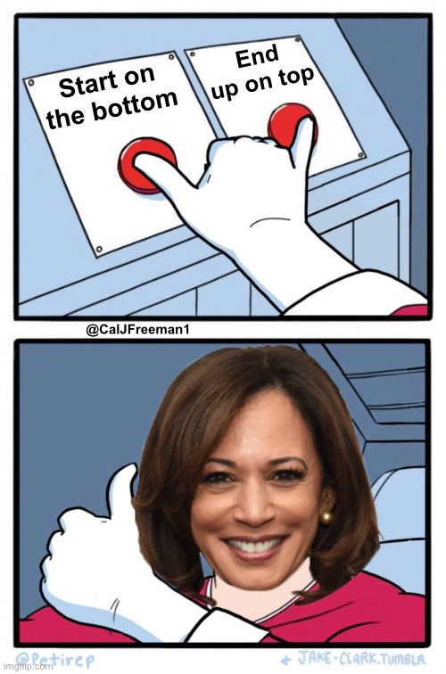 Both Buttons Pressed | End up on top; Start on the bottom; @CalJFreeman1 | image tagged in both buttons pressed,two buttons,kamala harris,maga,donald trump,joe biden | made w/ Imgflip meme maker