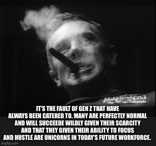 General Ripper (Dr. Strangelove) | IT’S THE FAULT OF GEN Z THAT HAVE ALWAYS BEEN CATERED TO. MANY ARE PERFECTLY NORMAL AND WILL SUCCEEDE WILDLY GIVEN THEIR SCARCITY AND THAT T | image tagged in general ripper dr strangelove | made w/ Imgflip meme maker