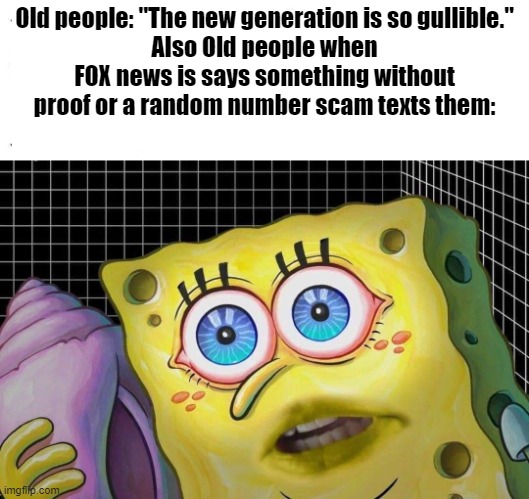 Spongebob phone shocked | Old people: "The new generation is so gullible."
Also Old people when FOX news is says something without proof or a random number scam texts them: | image tagged in spongebob phone shocked | made w/ Imgflip meme maker