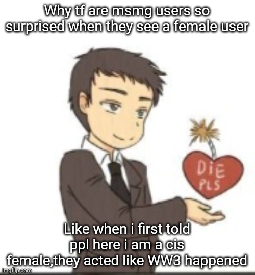 Die pls | Why tf are msmg users so surprised when they see a female user; Like when i first told ppl here i am a cis female,they acted like WW3 happened | image tagged in die pls | made w/ Imgflip meme maker