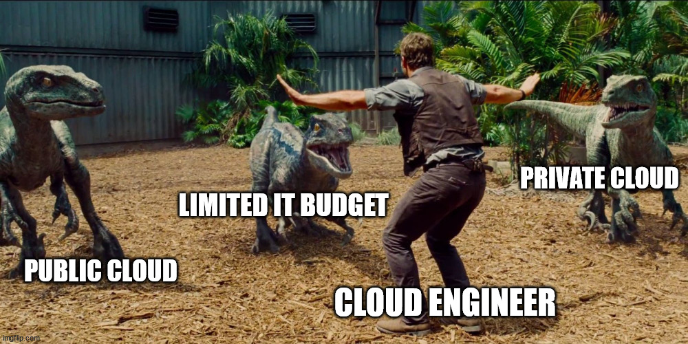 Jurassic park raptor | PRIVATE CLOUD; LIMITED IT BUDGET; PUBLIC CLOUD; CLOUD ENGINEER | image tagged in jurassic park raptor | made w/ Imgflip meme maker