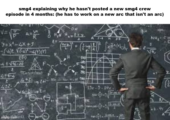 over complicated explanation  | smg4 explaining why he hasn't posted a new smg4 crew episode in 4 months: (he has to work on a new arc that isn't an arc) | image tagged in over complicated explanation | made w/ Imgflip meme maker