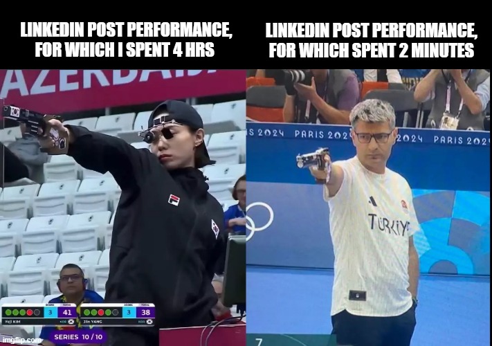 LinkedIn | LINKEDIN POST PERFORMANCE, FOR WHICH SPENT 2 MINUTES; LINKEDIN POST PERFORMANCE, FOR WHICH I SPENT 4 HRS | image tagged in korea turkey olympic shooter | made w/ Imgflip meme maker