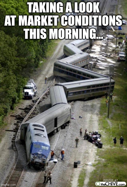 Stock Market Trainwreck | TAKING A LOOK AT MARKET CONDITIONS THIS MORNING... | image tagged in trainwreck15,stock market,trainwreck,dow,nasdaq | made w/ Imgflip meme maker