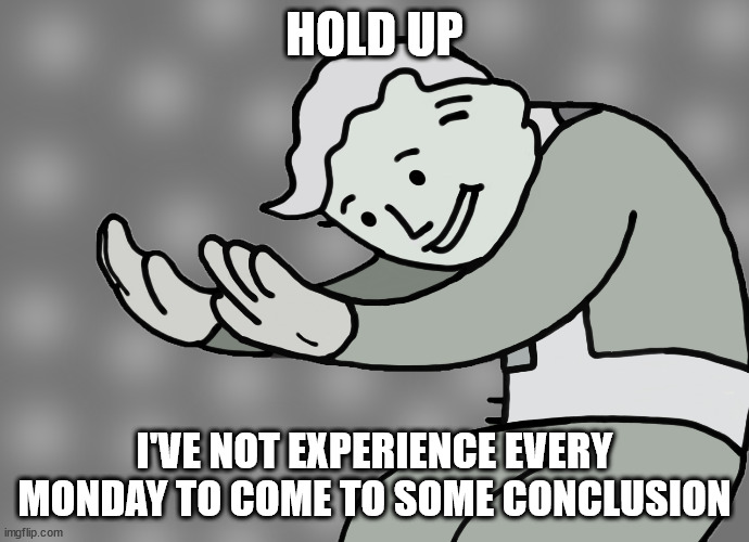 Hol up | HOLD UP I'VE NOT EXPERIENCE EVERY MONDAY TO COME TO SOME CONCLUSION | image tagged in hol up | made w/ Imgflip meme maker