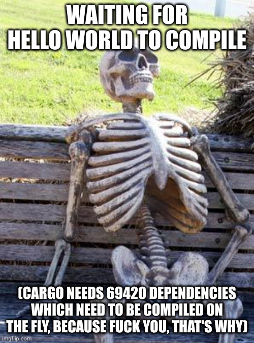 Skeleton on bank with caption &quot;waiting for hello world to compile 0x0a (cargo needs 69420 dependencies which need to be compiled on the fly, because fuck you, that&#39;s why&quot;