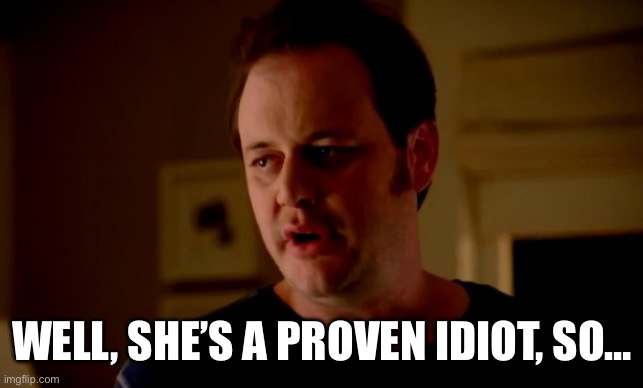 Jake from state farm | WELL, SHE’S A PROVEN IDIOT, SO… | image tagged in jake from state farm | made w/ Imgflip meme maker