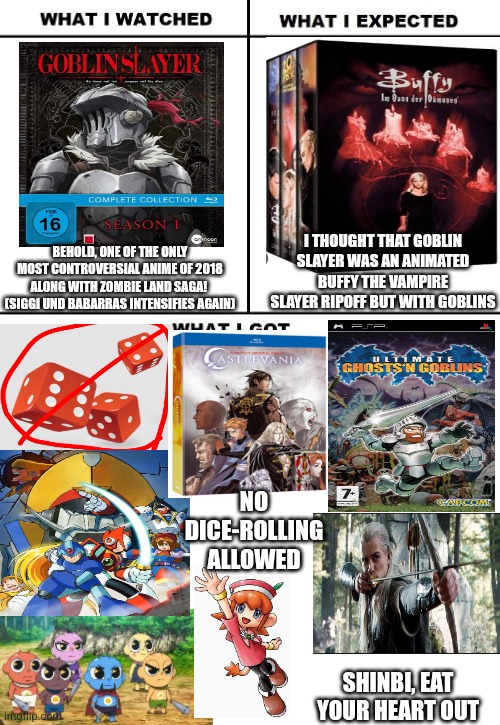 What I Watched/ What I Expected/ What I Got | I THOUGHT THAT GOBLIN SLAYER WAS AN ANIMATED BUFFY THE VAMPIRE SLAYER RIPOFF BUT WITH GOBLINS; BEHOLD, ONE OF THE ONLY MOST CONTROVERSIAL ANIME OF 2018 ALONG WITH ZOMBIE LAND SAGA!  (SIGGI UND BABARRAS INTENSIFIES AGAIN); NO DICE-ROLLING ALLOWED; SHINBI, EAT YOUR HEART OUT | image tagged in what i watched/ what i expected/ what i got,goblin slayer,buffy the vampire slayer | made w/ Imgflip meme maker