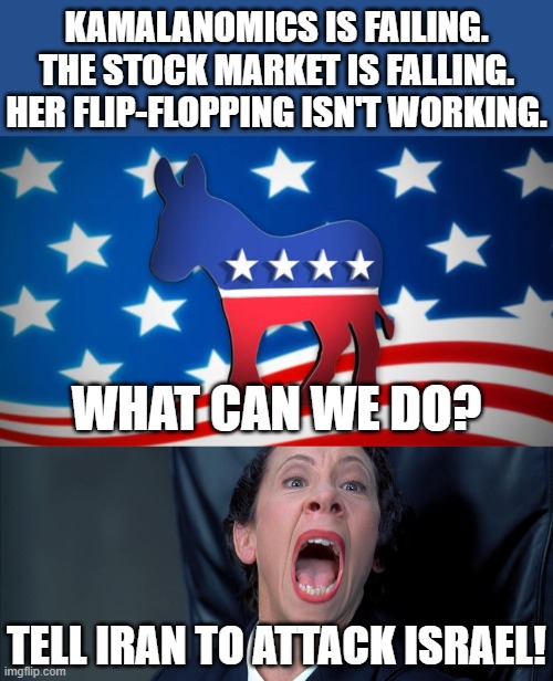 KAMALANOMICS IS FAILING. THE STOCK MARKET IS FALLING. HER FLIP-FLOPPING ISN'T WORKING. WHAT CAN WE DO? TELL IRAN TO ATTACK ISRAEL! | image tagged in democrats,frau farbissina | made w/ Imgflip meme maker