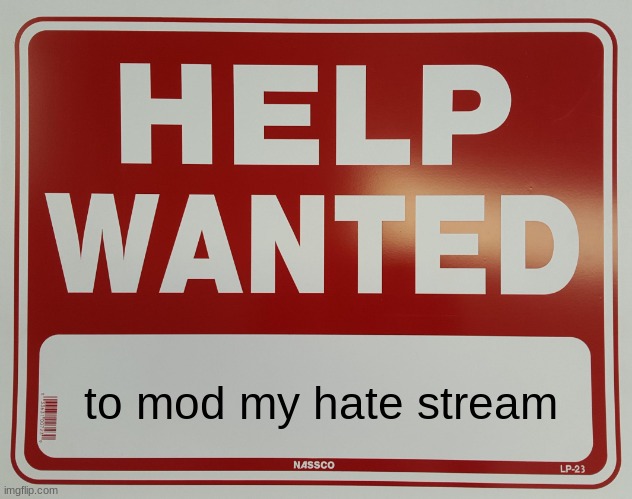 no underaged users and make sure you have time on your hands | to mod my hate stream | image tagged in help wanted | made w/ Imgflip meme maker