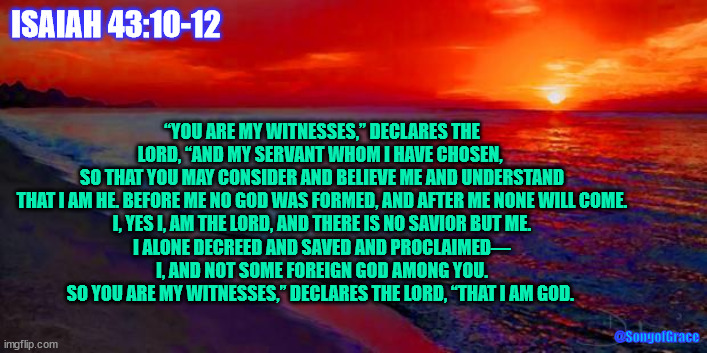 Isaiah 43:10-12 | ISAIAH 43:10-12; “YOU ARE MY WITNESSES,” DECLARES THE LORD, “AND MY SERVANT WHOM I HAVE CHOSEN, 
SO THAT YOU MAY CONSIDER AND BELIEVE ME AND UNDERSTAND THAT I AM HE. BEFORE ME NO GOD WAS FORMED, AND AFTER ME NONE WILL COME.
I, YES I, AM THE LORD, AND THERE IS NO SAVIOR BUT ME.
I ALONE DECREED AND SAVED AND PROCLAIMED—
I, AND NOT SOME FOREIGN GOD AMONG YOU.
SO YOU ARE MY WITNESSES,” DECLARES THE LORD, “THAT I AM GOD. @SongofGrace | image tagged in biblical encouragement | made w/ Imgflip meme maker