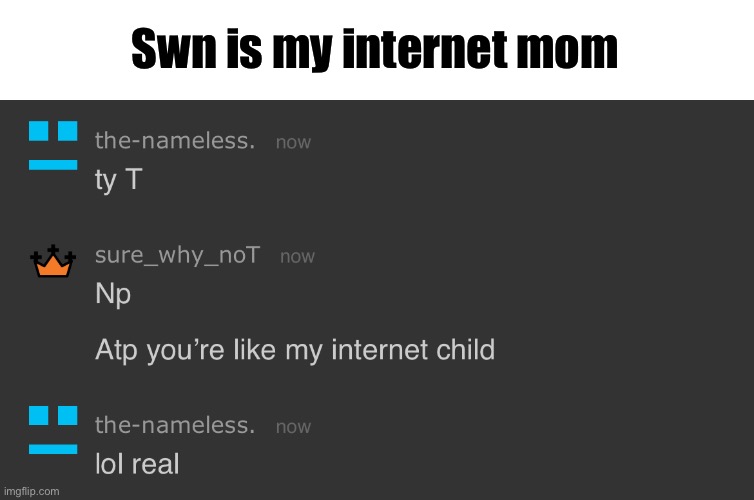 Without revealing any personal info, she’s just helped me through a lot recently | Swn is my internet mom | made w/ Imgflip meme maker