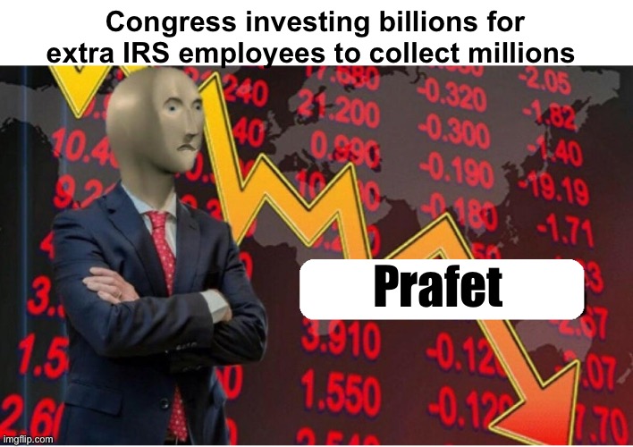 Derp | Congress investing billions for extra IRS employees to collect millions; Prafet | image tagged in not stonks blank,politics lol,memes | made w/ Imgflip meme maker