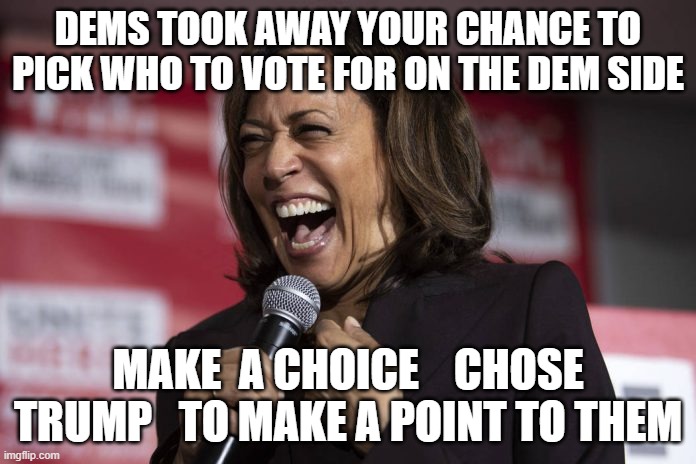 Kamala laughing | DEMS TOOK AWAY YOUR CHANCE TO PICK WHO TO VOTE FOR ON THE DEM SIDE; MAKE  A CHOICE    CHOSE TRUMP   TO MAKE A POINT TO THEM | image tagged in kamala laughing | made w/ Imgflip meme maker