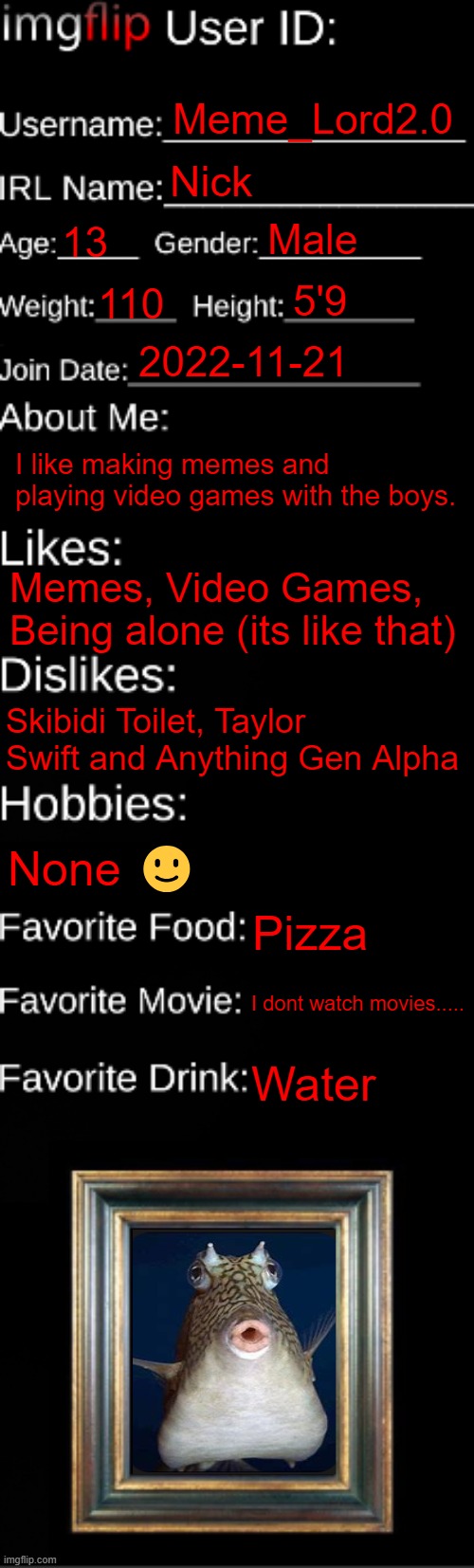 It's time I update this | Meme_Lord2.0; Nick; Male; 13; 5'9; 110; 2022-11-21; I like making memes and playing video games with the boys. Memes, Video Games, Being alone (its like that); Skibidi Toilet, Taylor Swift and Anything Gen Alpha; None 🙂; Pizza; I dont watch movies..... Water | image tagged in imgflip id card | made w/ Imgflip meme maker