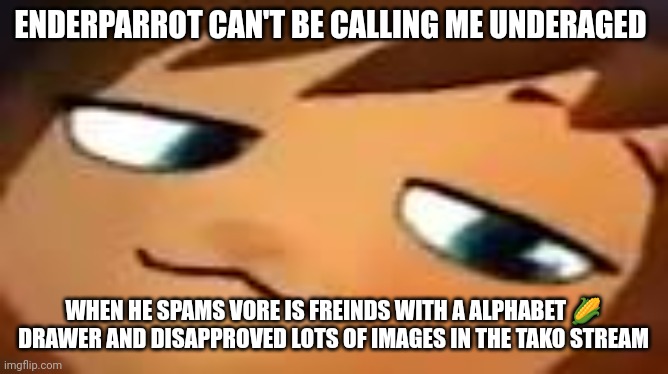 smug hat kid.mp4 | ENDERPARROT CAN'T BE CALLING ME UNDERAGED; WHEN HE SPAMS VORE IS FREINDS WITH A ALPHABET 🌽 DRAWER AND DISAPPROVED LOTS OF IMAGES IN THE TAKO STREAM | image tagged in smug hat kid mp4 | made w/ Imgflip meme maker