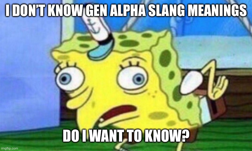 spongebob stupid | I DON’T KNOW GEN ALPHA SLANG MEANINGS; DO I WANT TO KNOW? | image tagged in spongebob stupid | made w/ Imgflip meme maker