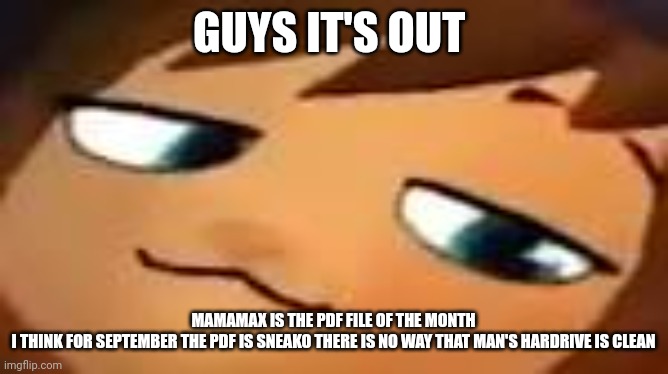 smug hat kid.mp4 | GUYS IT'S OUT; MAMAMAX IS THE PDF FILE OF THE MONTH
I THINK FOR SEPTEMBER THE PDF IS SNEAKO THERE IS NO WAY THAT MAN'S HARDRIVE IS CLEAN | image tagged in smug hat kid mp4 | made w/ Imgflip meme maker