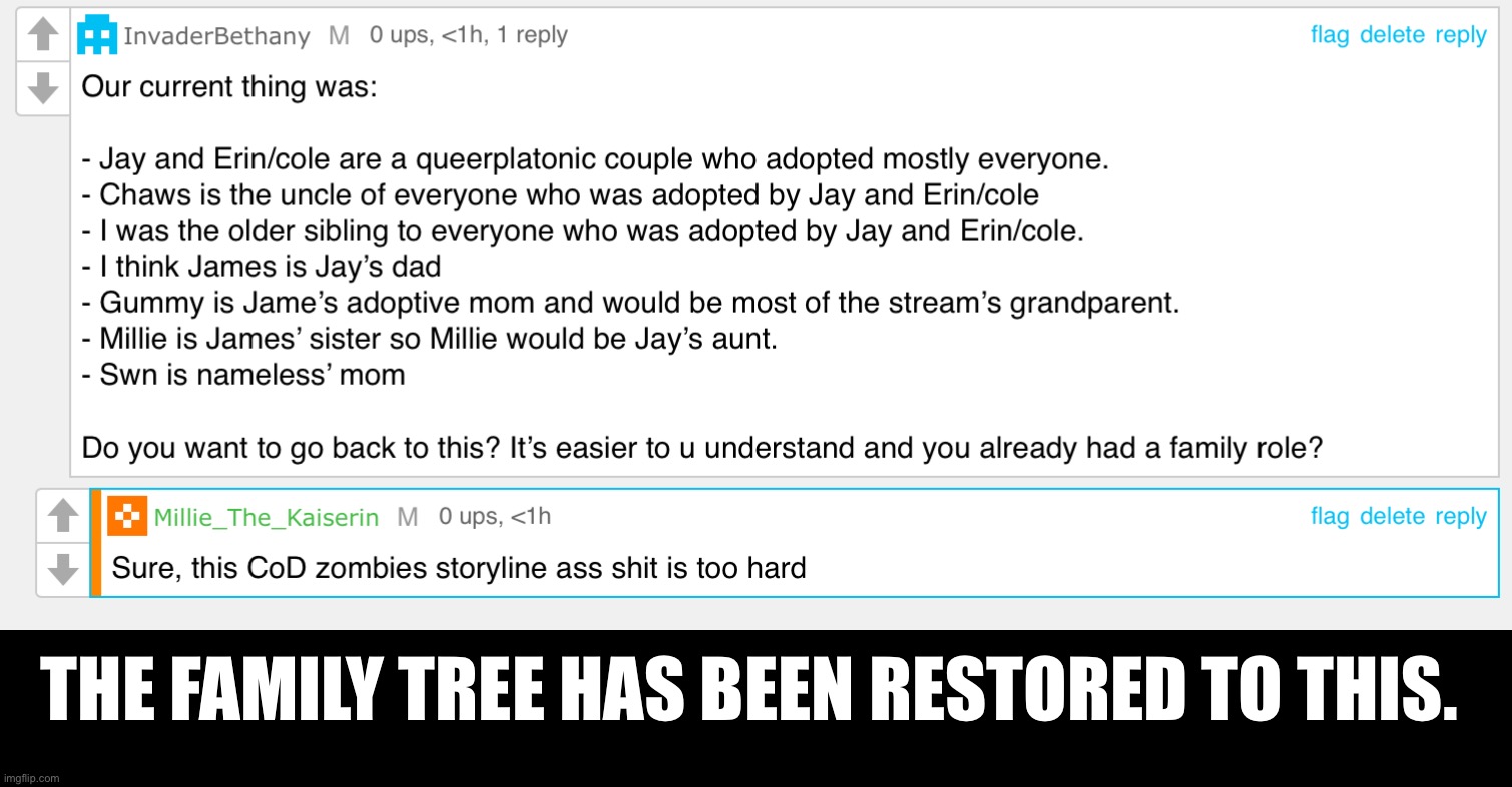 Current family tree | THE FAMILY TREE HAS BEEN RESTORED TO THIS. | image tagged in lgbtq,family | made w/ Imgflip meme maker