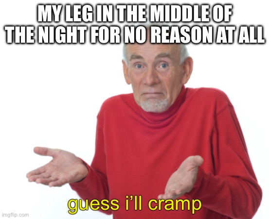 Why | MY LEG IN THE MIDDLE OF THE NIGHT FOR NO REASON AT ALL; guess i’ll cramp | image tagged in guess i'll die,memes,funny,oh wow are you actually reading these tags | made w/ Imgflip meme maker