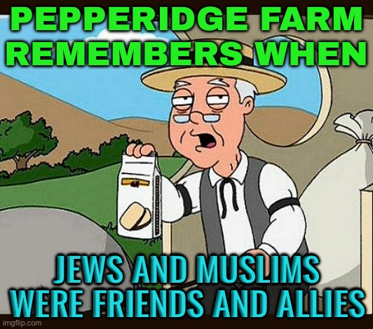 Pepperidge Farm Remembers When; Jews And Muslims Were Friends And Allies | PEPPERIDGE FARM
REMEMBERS WHEN; JEWS AND MUSLIMS WERE FRIENDS AND ALLIES | image tagged in family guy pepperidge farm remembers,the abrahamic god,abrahamic religions,racism,anti-semitism,religion | made w/ Imgflip meme maker