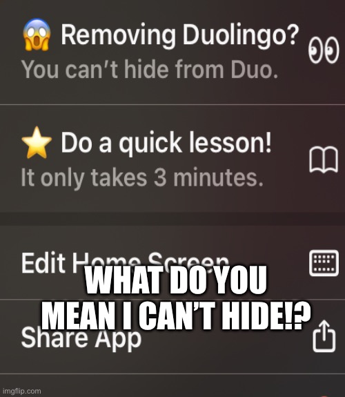 You can’t hide from duo ? | WHAT DO YOU MEAN I CAN’T HIDE!? | image tagged in funny | made w/ Imgflip meme maker