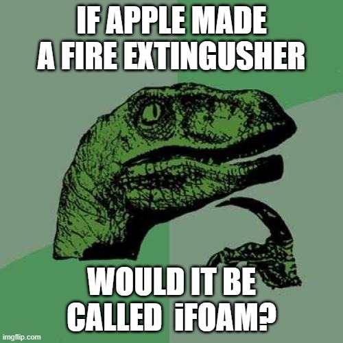 Philosoraptor Meme | IF APPLE MADE A FIRE EXTINGUSHER; WOULD IT BE CALLED  iFOAM? | image tagged in memes,philosoraptor | made w/ Imgflip meme maker