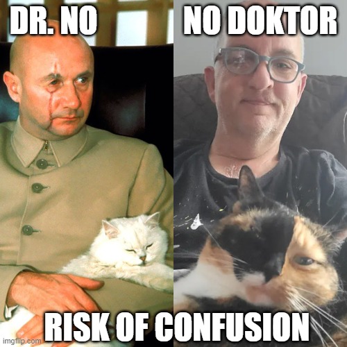 Dr. No / No Doktor | DR. NO              NO DOKTOR; RISK OF CONFUSION | image tagged in hive,bradleyarrow,confusion,bbh | made w/ Imgflip meme maker