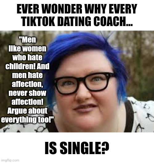 You wouldn't take dating advice from someone who has never dated, but its ok to take dating advice from single narcissists? | EVER WONDER WHY EVERY TIKTOK DATING COACH... "Men like women who hate children! And men hate affection, never show affection! Argue about everything too!"; IS SINGLE? | image tagged in 400 lb blue haired ham planet,dating,men vs women,modern problems,games,tiktok sucks | made w/ Imgflip meme maker