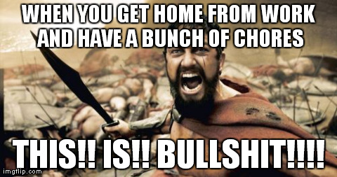 Sparta Leonidas Meme | WHEN YOU GET HOME FROM WORK AND HAVE A BUNCH OF CHORES THIS!! IS!! BULLSHIT!!!! | image tagged in memes,sparta leonidas | made w/ Imgflip meme maker