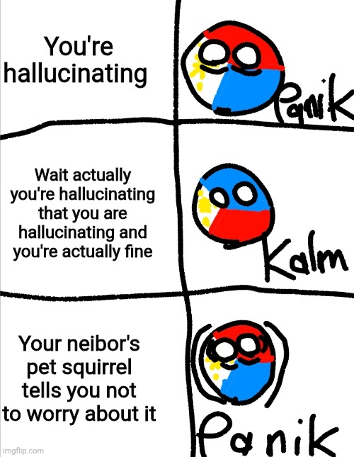 XKCD reference | You're hallucinating; Wait actually you're hallucinating that you are hallucinating and you're actually fine; Your neibor's pet squirrel tells you not to worry about it | image tagged in kalm panik kalm but countryballs | made w/ Imgflip meme maker