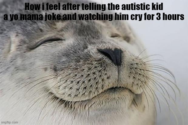 meme idk | How i feel after telling the autistic kid a yo mama joke and watching him cry for 3 hours | image tagged in memes,satisfied seal | made w/ Imgflip meme maker