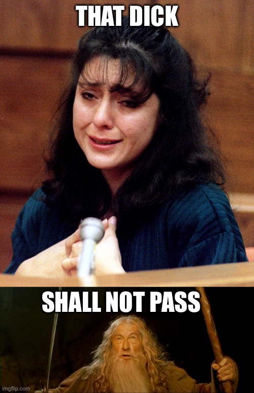 THAT DICK SHALL NOT PASS | image tagged in lorena-bobbitt,gandalf you shall not pass | made w/ Imgflip meme maker