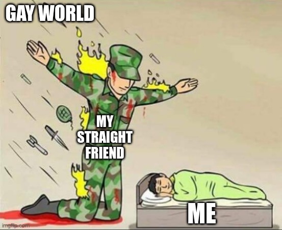 true | GAY WORLD; MY STRAIGHT FRIEND; ME | image tagged in soldier protecting sleeping child | made w/ Imgflip meme maker