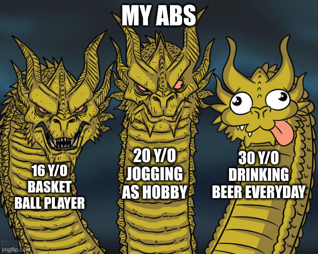 Three-headed Dragon | MY ABS; 20 Y/O JOGGING AS HOBBY; 30 Y/O DRINKING BEER EVERYDAY; 16 Y/O BASKET BALL PLAYER | image tagged in three-headed dragon | made w/ Imgflip meme maker