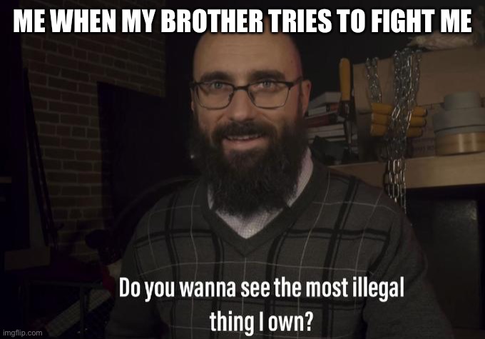 Hehe | ME WHEN MY BROTHER TRIES TO FIGHT ME | image tagged in do you want to see the most illegal thing i own,little brother,fight | made w/ Imgflip meme maker