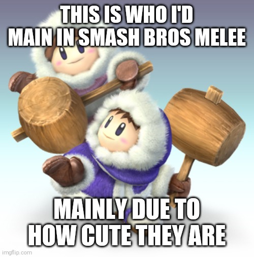 Post Your Smash Bros Main in The Comments | THIS IS WHO I'D MAIN IN SMASH BROS MELEE; MAINLY DUE TO HOW CUTE THEY ARE | image tagged in popo and nana,smash bros,ice climbers,cute characters,smash main,lol i'm proobably gonna spam the a button | made w/ Imgflip meme maker