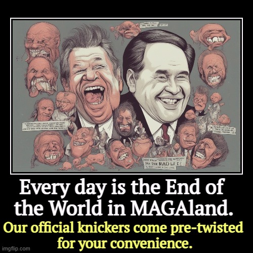 Every day is the End of 
the World in MAGAland. | Our official knickers come pre-twisted 
for your convenience. | image tagged in funny,demotivationals,maga,right wing,conservative,apocalypse | made w/ Imgflip demotivational maker