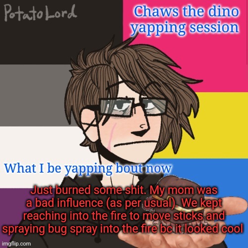 Both of my parents are bad influences | Just burned some shit. My mom was a bad influence (as per usual). We kept reaching into the fire to move sticks and spraying bug spray into the fire bc it looked cool | image tagged in chaws_the_dino announcement temp | made w/ Imgflip meme maker