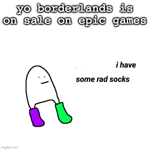 rad socks but your life isnt falling apart | yo borderlands is on sale on epic games | image tagged in rad socks but your life isnt falling apart | made w/ Imgflip meme maker