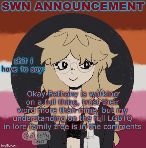 Let me know if I missed any. | Okay Bethany is working on a full thing, trust their word more than mine, but my understanding on the full LGBTQ in lore family tree is in the comments | image tagged in swn announcement version 3 | made w/ Imgflip meme maker
