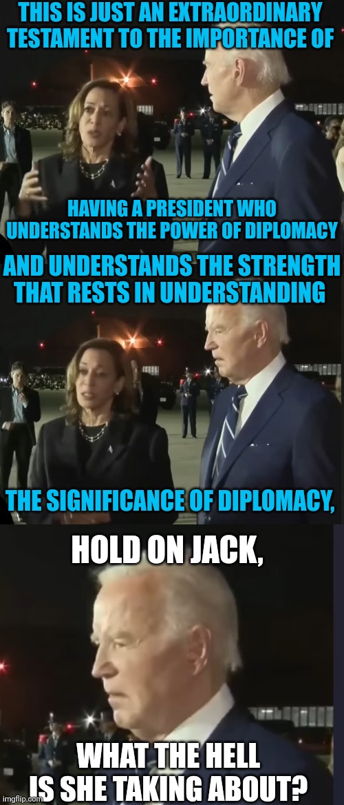 EVEN BIDEN IS CONFUSED | THIS IS JUST AN EXTRAORDINARY TESTAMENT TO THE IMPORTANCE OF; HAVING A PRESIDENT WHO UNDERSTANDS THE POWER OF DIPLOMACY; AND UNDERSTANDS THE STRENGTH THAT RESTS IN UNDERSTANDING; THE SIGNIFICANCE OF DIPLOMACY, HOLD ON JACK, WHAT THE HELL IS SHE TAKING ABOUT? | image tagged in joe biden,kamala harris,democrats,politics | made w/ Imgflip meme maker