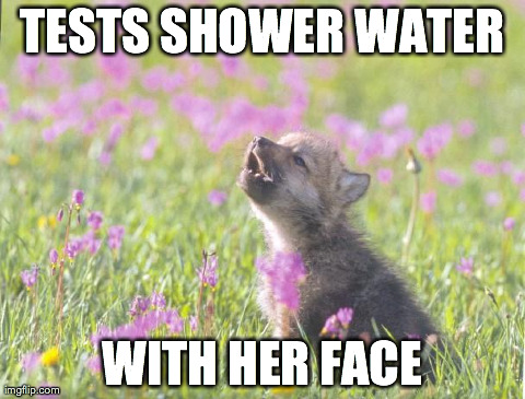Baby Insanity Wolf | TESTS SHOWER WATER WITH HER FACE | image tagged in memes,baby insanity wolf,AdviceAnimals | made w/ Imgflip meme maker