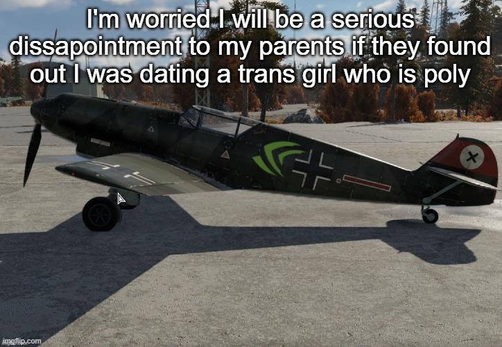 and if they found out i was bi | I'm worried I will be a serious dissapointment to my parents if they found out I was dating a trans girl who is poly | image tagged in nvidia plane | made w/ Imgflip meme maker